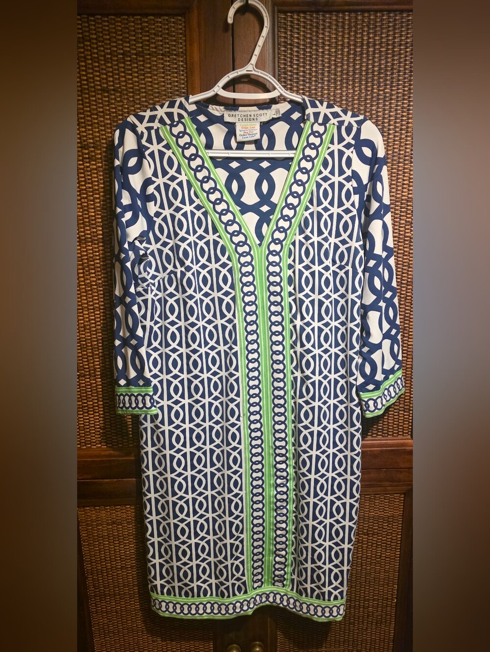 Gretchen Scott Designs Navy and Lime Geometric V‑Neck Dress VGUC LARGE PTP 21 - Picture 2 of 5